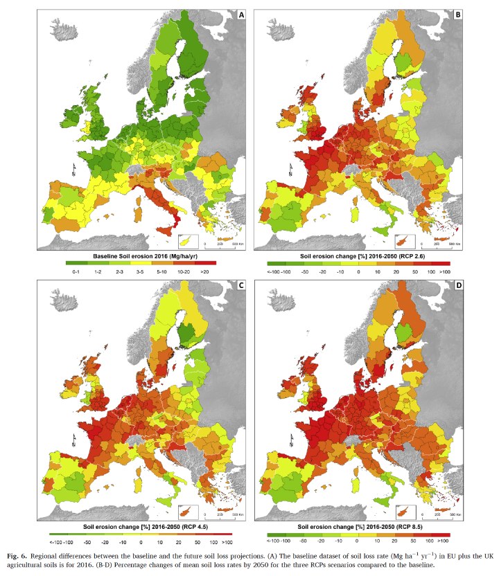 Nel primo riquadro la severità dei fenomeni erosivi in Europa nel 2016 (baseline). Si noti come l'Italia sia fortemente soggetta all'erosione. Nello scenario di cambiamento climatico peggiore (in basso a destra) la diminuzione delle piogge nel Sud Italia porterà ad una diminuzione dell'erosione, che invece interesserà tutto il Nord Europa
